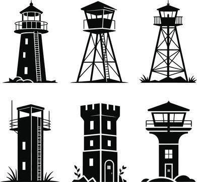 Watchtower and lighthouse silhouette set vector