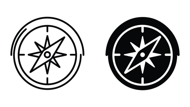 Navigation compass icon set featuring directional tool design in outline and solid black styles for travel and adventure apps
