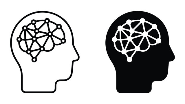 Human head profile with neural network brain connection icon set representing artificial intelligence and cognitive computing in minimalist outline and solid black graphic design for tech concepts