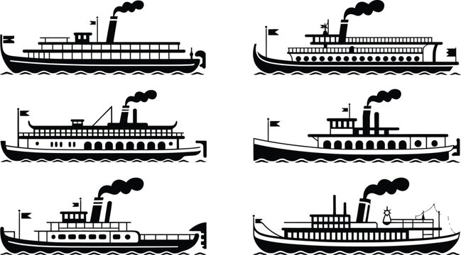 Vintage Steamboat Silhouette Ship Icon Set vector
