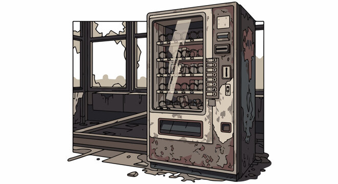 Dilapidated vending machine in a ruined interior with broken windows