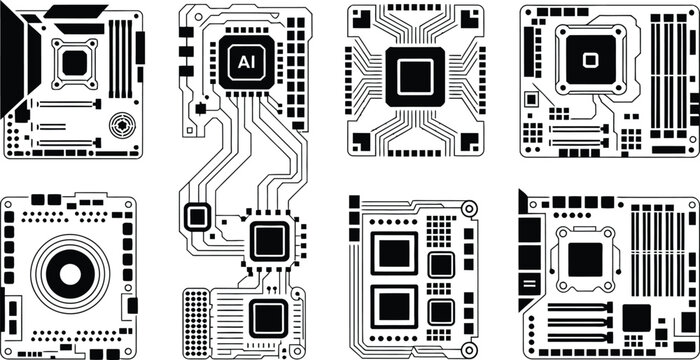 Motherboard circuit AI microchip icon set vector