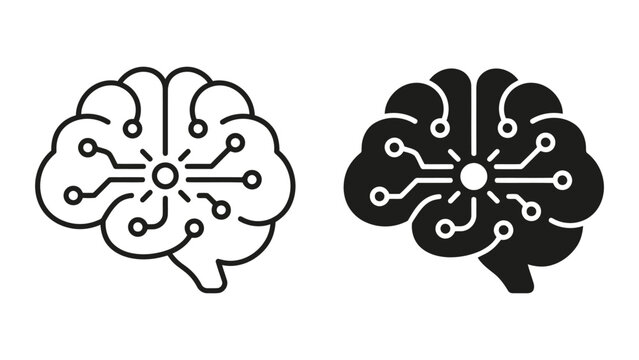 Artificial intelligence brain with central processing hub and circuit board nodes for advanced technology and data analytics vector icon set