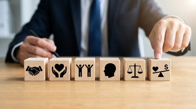Professional businessman arranging wooden blocks with icons representing core company values including integrity ethics and social responsibility in bright office