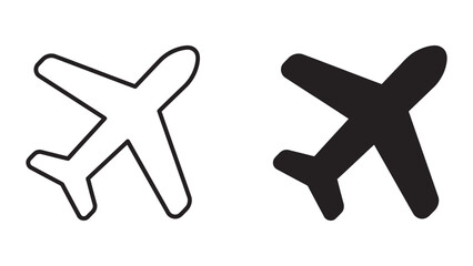 Fototapeta premium Minimalist airplane flight icons in outline and solid black style for air travel and aviation industry design assets