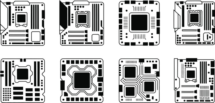 AI processor and motherboard silhouette icons vector