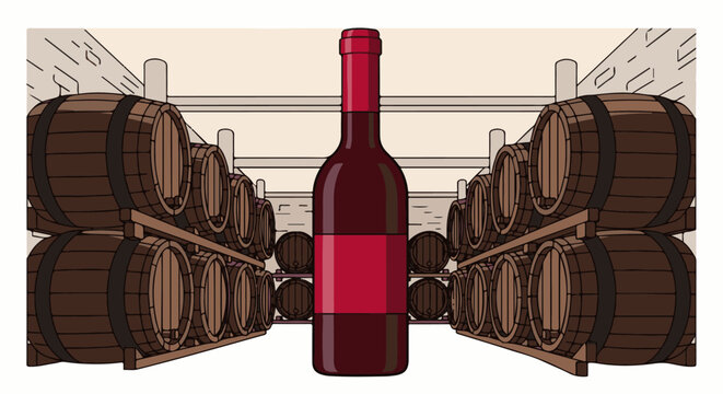 Rows of wooden barrels flank a tall bottle in a storage cellar