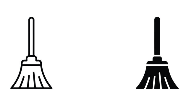 Minimalist broom handle icon set showing both thin outline and thick solid black vector graphics for cleaning equipment and facility management interface design assets or home service branding