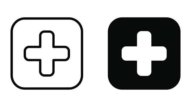 Medical plus sign icon in rounded square container set in outline and solid black vector style for healthcare user interface and mobile application button design elements isolated on white background