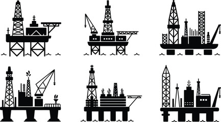 Fototapeta premium Offshore Oil Rig Platform Silhouette Icon Set vector