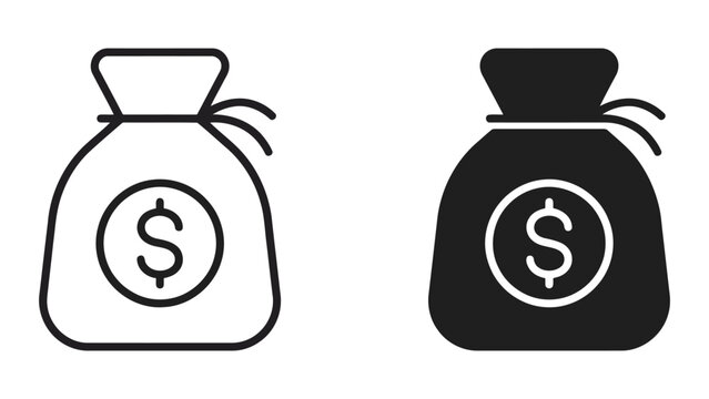 Money bag currency icon set with drawstring design for financial and banking applications featuring dollar symbols represented as clean line art and solid black vector graphics on white background