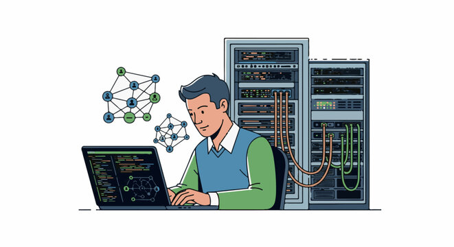 Technician works on laptop near server racks, visualizing network nodes