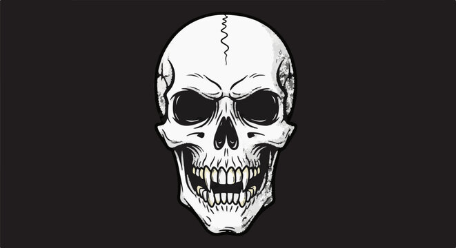 A detailed, stylized illustration of a human skull with a menacing grin against a black background