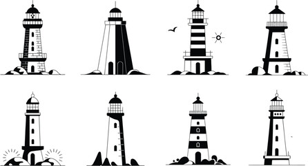 Naklejka premium Nautical lighthouse silhouette set icon vector