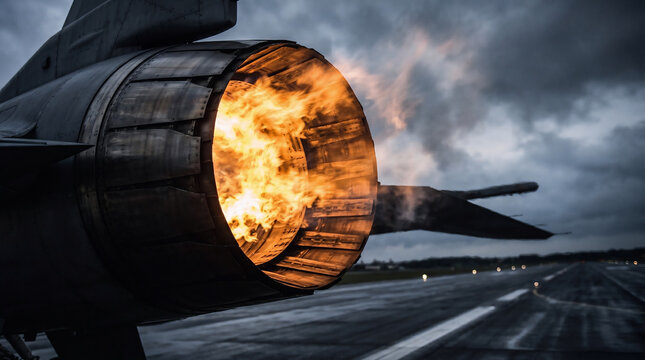 Close-up of a fighter jet's engine nozzle with flames and smoke on a runway during a stormy day with dark clouds
