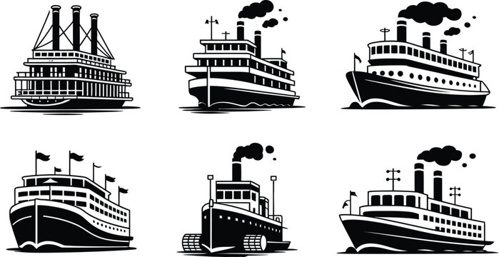 Vintage steamboat silhouette collection set vector