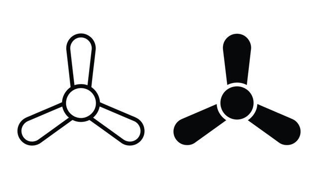 Ceiling fan blade icon set in outline and solid black glyph styles for ventilation and cooling concept vector graphic for home improvement and climate control interface design isolated on white