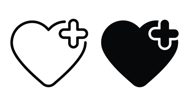 Medical heart icon with plus sign overlay in lineal and solid black style for healthcare interface
