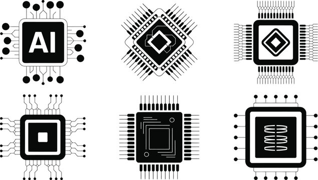 AI microchip and computer processor icons vector