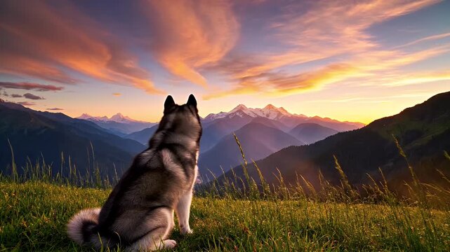 Majestic Siberian Husky Dog Gazing at Sunset Over Mountain Range.