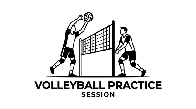 Volleyball Players Practicing Skills: Action Silhouette, Athletic Exercise, Sport Illustration