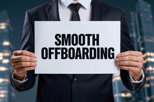 Businessman holding white paper with smooth offboarding text in modern corporate setting