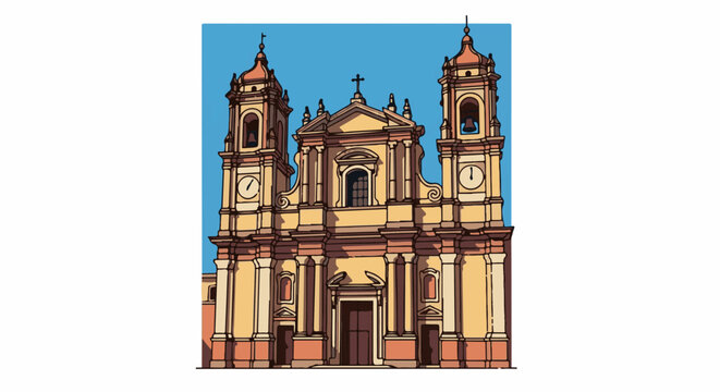 A stylized, two-dimensional drawing of a large, ornate religious building