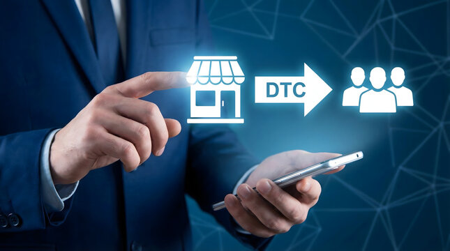 Businessman using smartphone for direct to consumer dtc marketing strategy with glowing icons