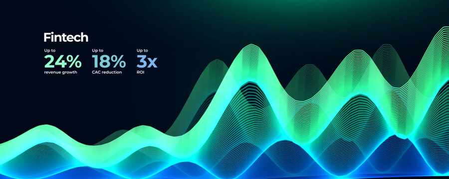 Wavy Upward Lines Glowing Blue Green Neon Futuristic Style. Financial Growth Wave Flow. Digital Market Finance Statistic Stock Profit Graphic. Economic Forum Abstract Background. Vector Backdrop
