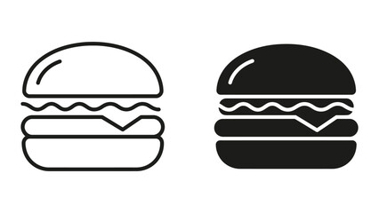 Fototapeta premium Hamburger sandwich food icon set in outline and solid black styles for restaurant menu and fast food delivery service UI design elements
