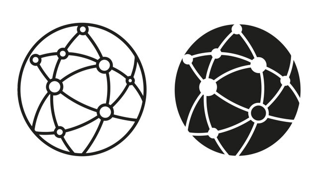 Global network connection vector icon representing interconnected points on a spherical grid in two styles