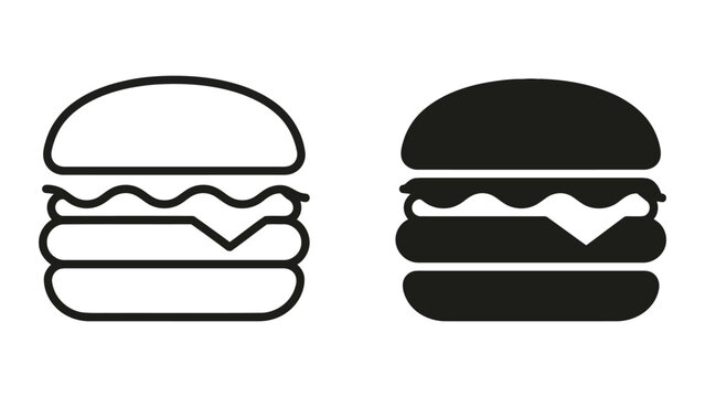 Classic hamburger food icon set in outline and solid black styles for restaurant menu and mobile fast food delivery service interface design
