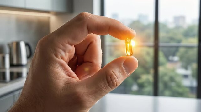Hand holding a golden translucent capsule pill with sunlight shining through it against a blurred kitchen interior background