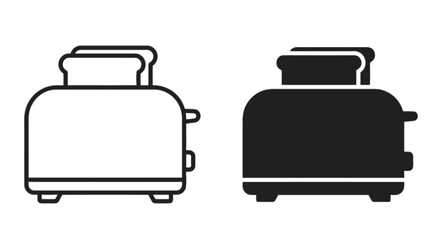 Minimalist kitchen toaster icon set in outline and solid black silhouette styles for breakfast branding and appliance UI design isolated on white background