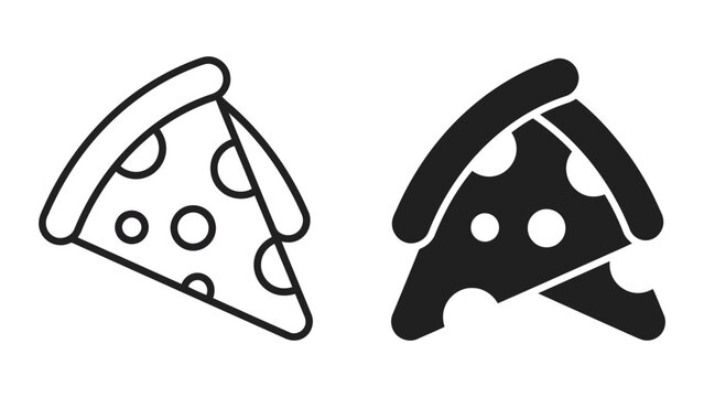 Pizza slice icon set featuring classic triangular fast food shape in outline and solid styles for restaurant menu design or food delivery service branding visuals