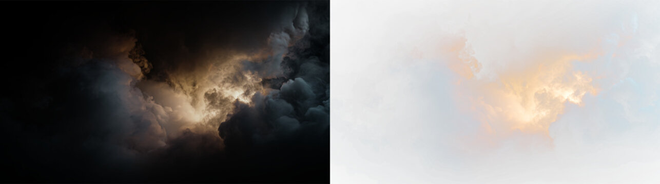 Colorful cloudy sky with soft lighting during sunset over vast open space and horizon, PNG with a light overlay