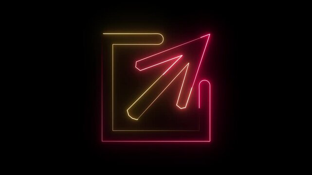 A neon icon of an arrow pointing outwards from a square, symbolizing an external link or open in new window. on black background.