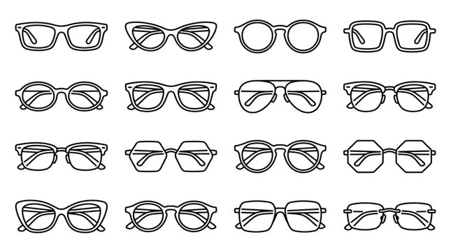 Set of various glasses icons, including cat eye, round, square, aviator, and geometric frames