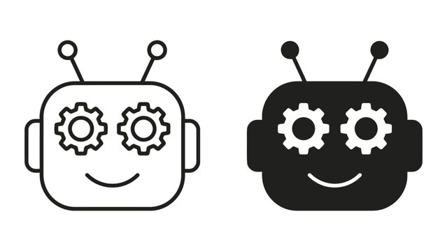 Friendly robot head icon set with gear eyes in outline and solid styles for artificial intelligence automation technology or robotics software interface