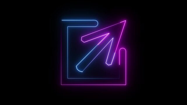A neon icon of an arrow pointing outwards from a square, symbolizing an external link or open in new window. on black background.