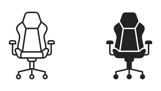 Ergonomic gaming chair vector icon set featuring detailed line art and solid black versions for professional interior design and furniture store web assets