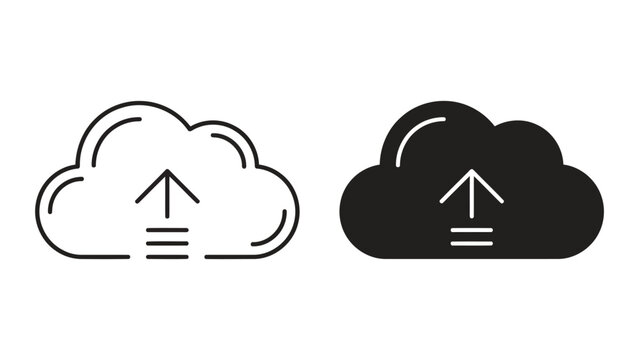 Cloud upload icon set with upward arrow for data transfer and file management in outline and filled styles