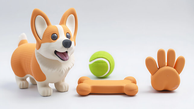 3D claymorphism cute corgi dog modular elements with tennis ball bone and paw print for pet shop UI design