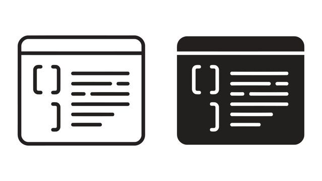 Web development code block icon set with brackets and text lines in outline and solid black vector style