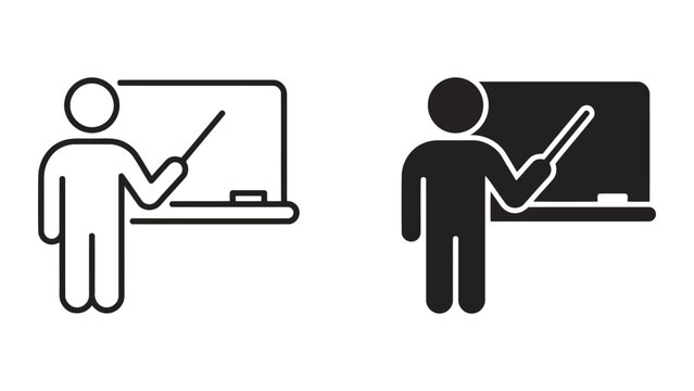 Teacher pointing at whiteboard icon set in outline and solid styles for classroom education training presentation or academic instruction visuals