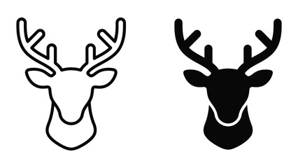 Elk or reindeer head icon set with detailed antlers in simple outline and solid black vector style for winter holiday and seasonal nature branding design elements isolated on clean white background © SAIJID