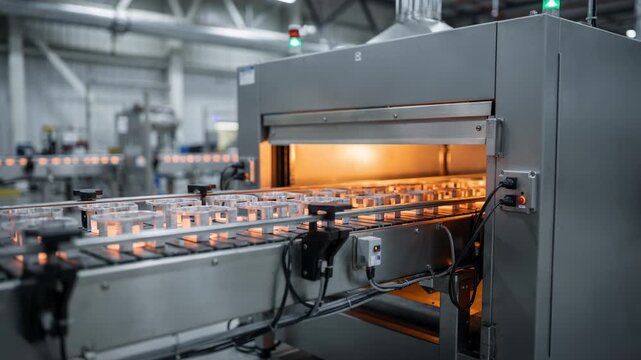Medium shot of a smart curing oven with metal parts on a conveyor belt showcasing precise temperature control and sensorguided curing in an industrial setting