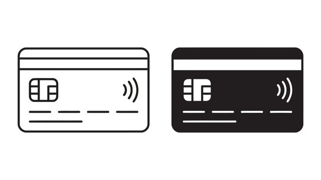 Contactless credit card payment icon set with payment chip and wifi signal symbol in outline and solid black style for fintech apps mobile payments and digital wallet interface design elements