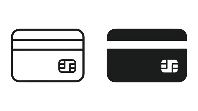 Credit card payment terminal chip icon set in outline and solid black style for financial digital commerce website interface design elements