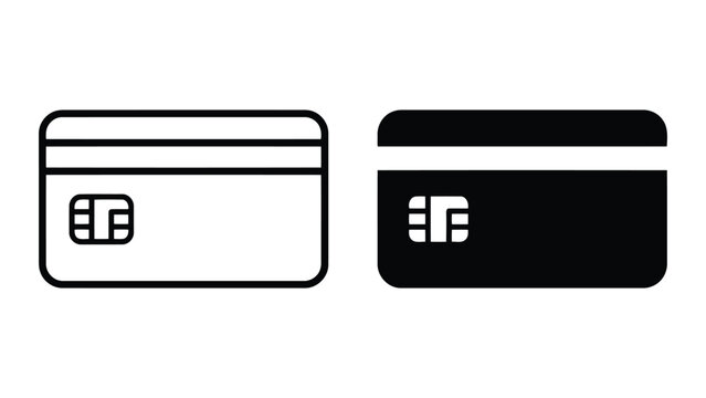 Credit card icons with chip in outline and solid vector styles for financial and payment system design elements isolated on white background